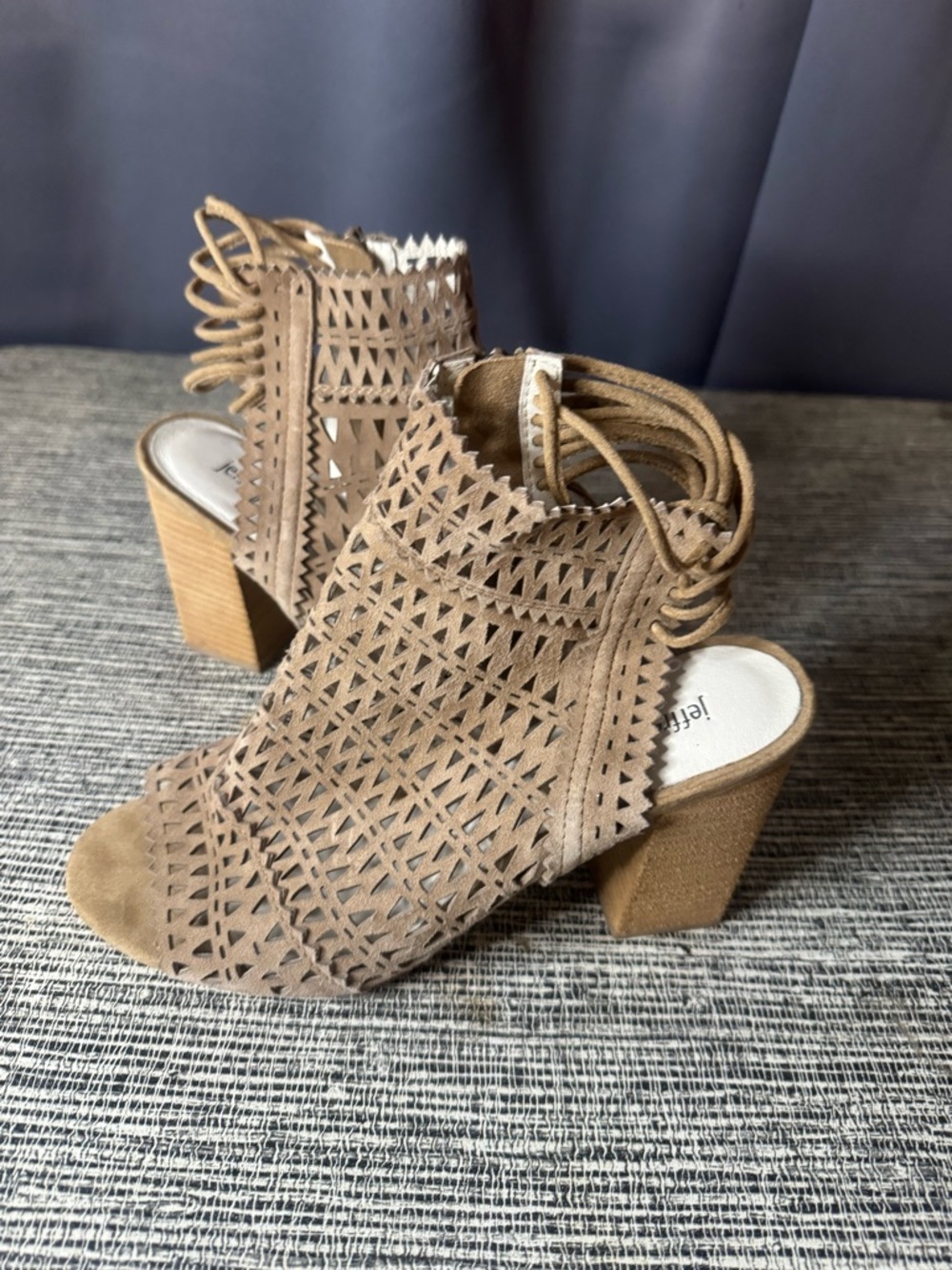 Jeffrey Campbell Taupe Laser-Cut Lace-Up Block Heel Sandals